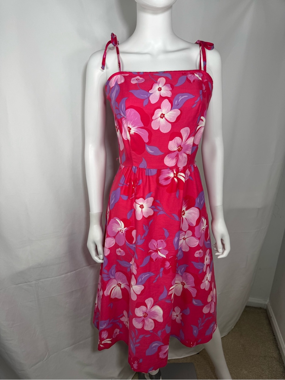 Vintage 70s Malia Honolulu Pink Floral Midi Sundress Built In Bra Tiki Size 12
